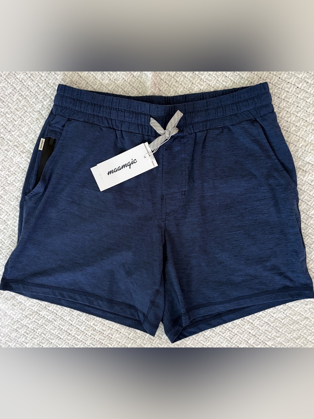 Men's Shorts Navy Heathered MicroKnit Drawstring Athletic Active SZ: M 5” Inseam